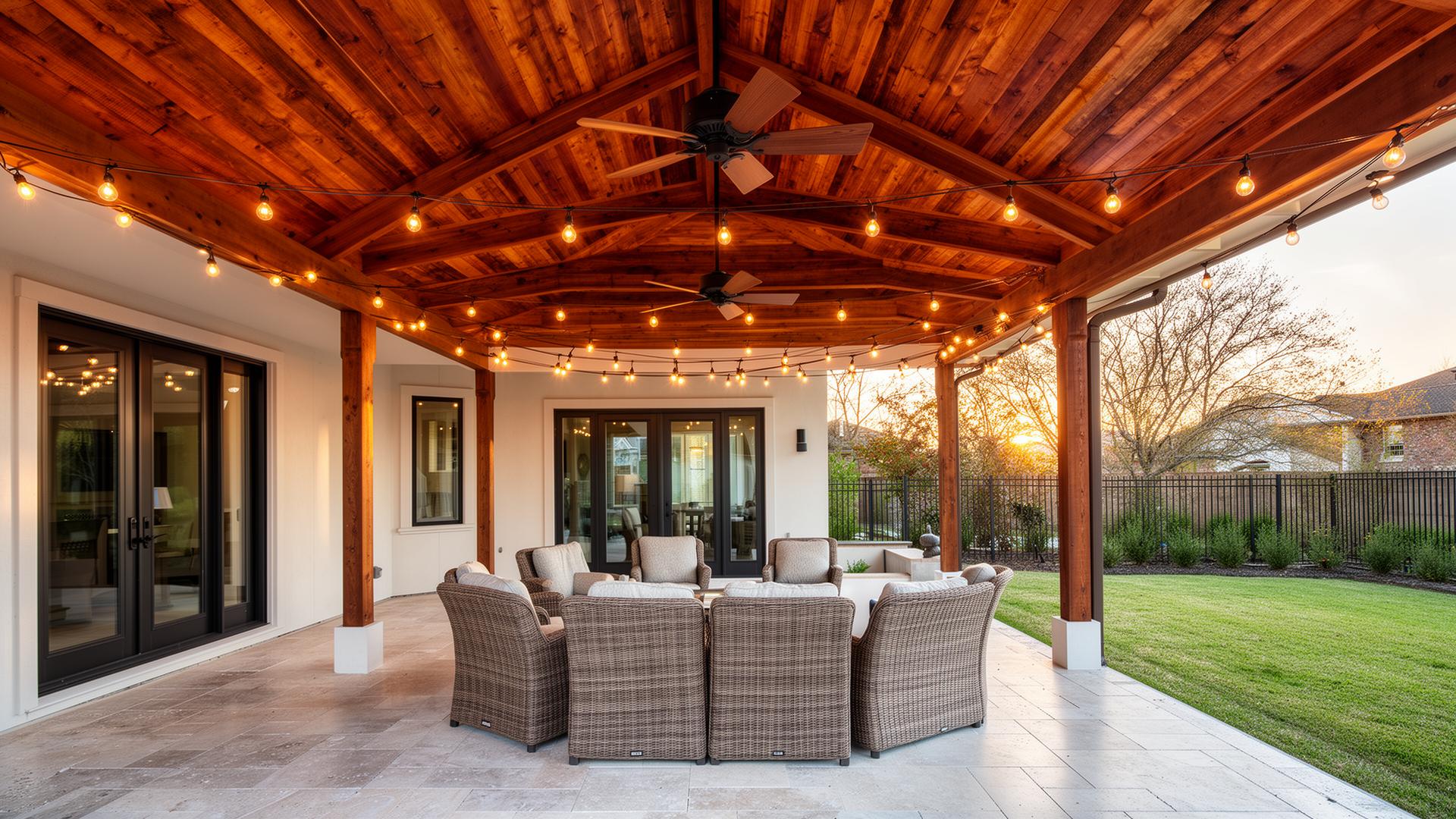 Covered patio with stained tongue-and-groove ceiling and string lights in Friendswood TX