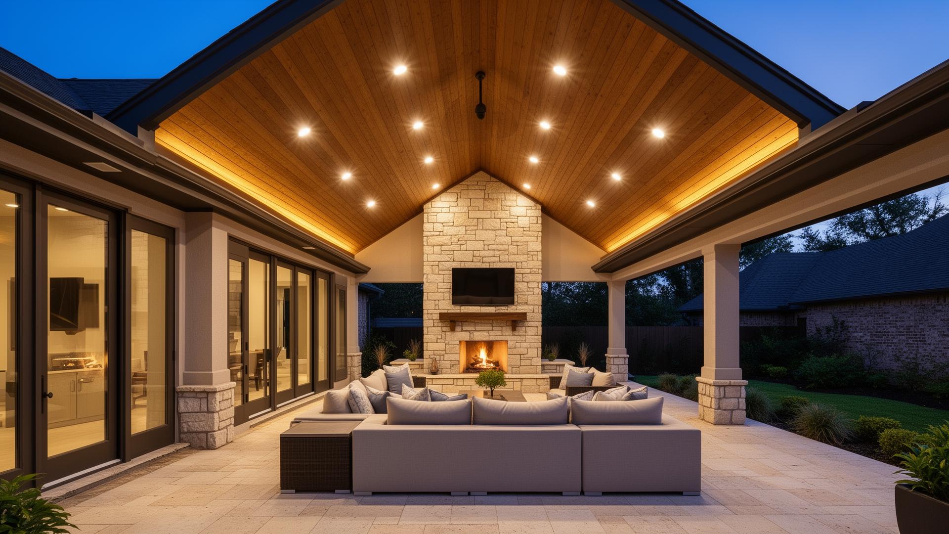 Vaulted ceiling covered patio with stone fireplace in League City TX