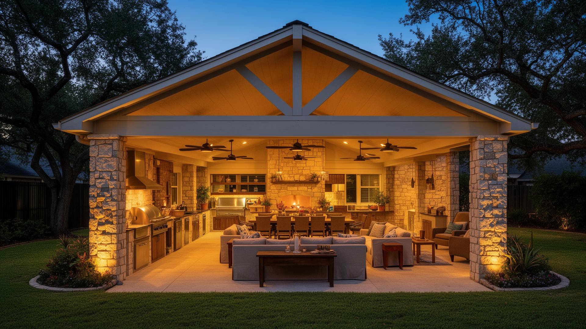 Large gable roof pavilion over a deck in Pearland TX