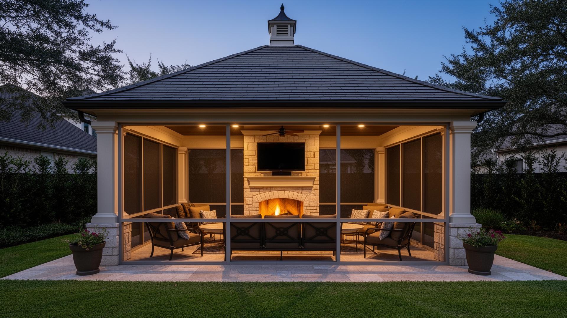 Screened hip roof pavilion with fireplace in League City TX