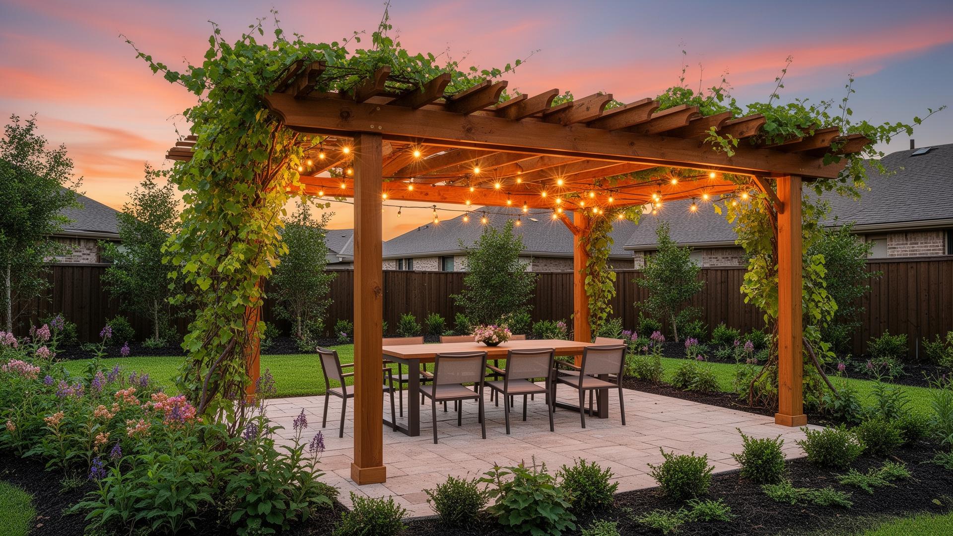 Cedar pergola with climbing vines and string lights in Clear Lake TX
