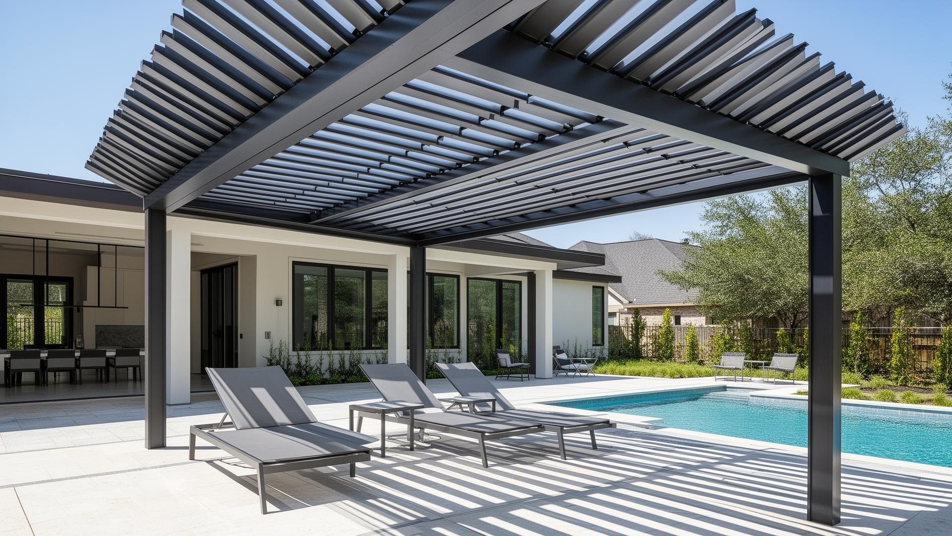 Modern aluminum louvered pergola by pool in Alvin TX